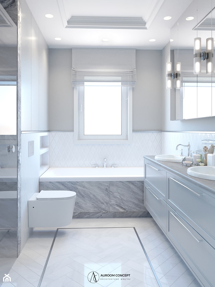 Klasyczna łazienka w bieli z wanna pod oknem - zdjęcie od Auroom Concept
