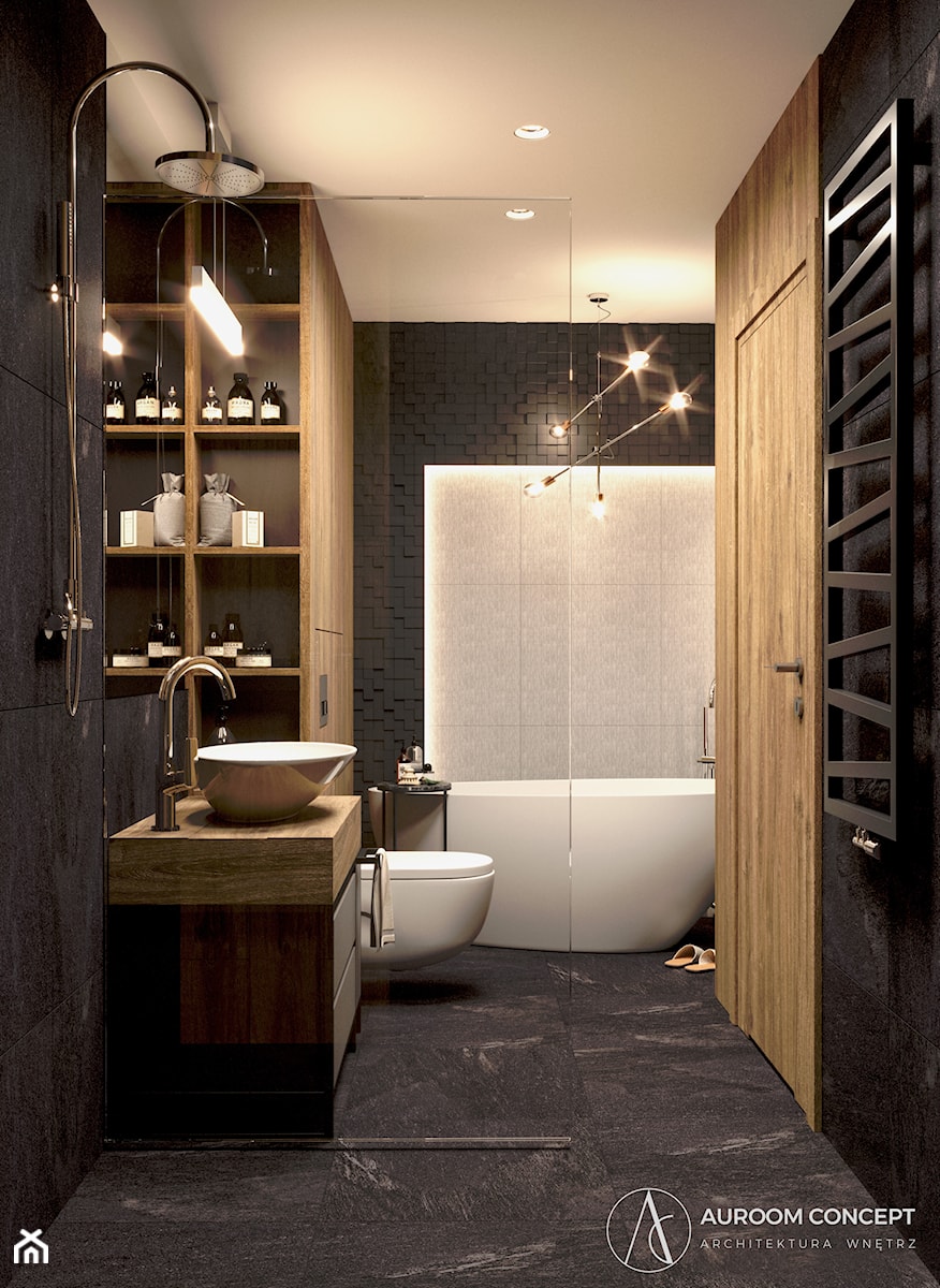 Ciemna łazienka z wolnostojącą wanną - zdjęcie od Auroom Concept