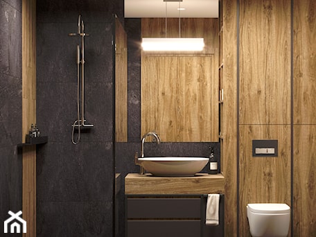 Aranżacje wnętrz - Łazienka: Ciemna łazienka z drewnem - Auroom Concept. Przeglądaj, dodawaj i zapisuj najlepsze zdjęcia, pomysły i inspiracje designerskie. W bazie mamy już prawie milion fotografii!