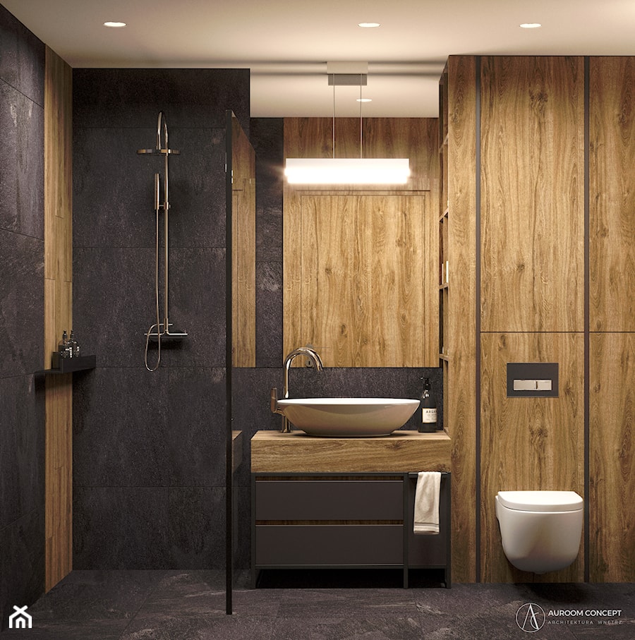 Ciemna łazienka z drewnem - zdjęcie od Auroom Concept