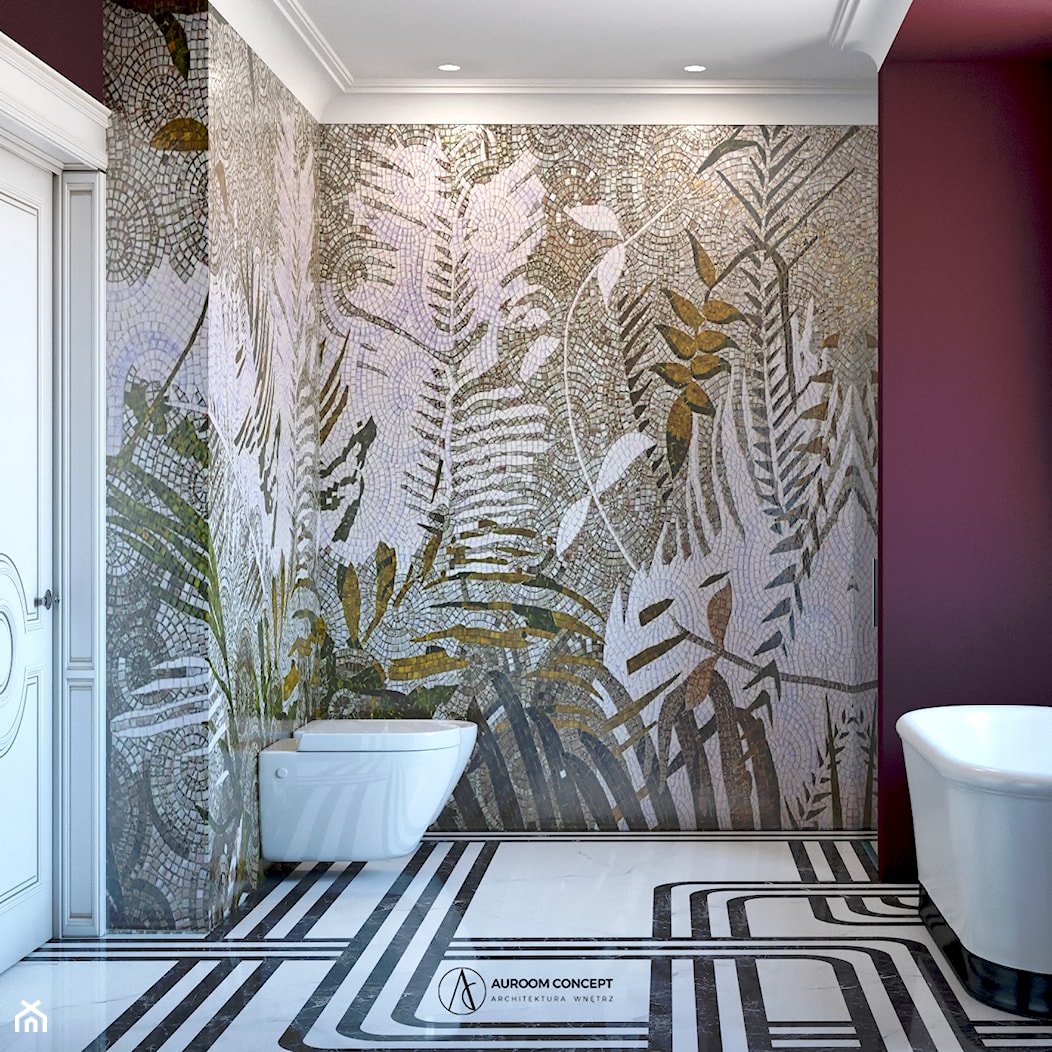 Bordowa łazienka z mozaiką na ścianie - zdjęcie od Auroom Concept - Homebook