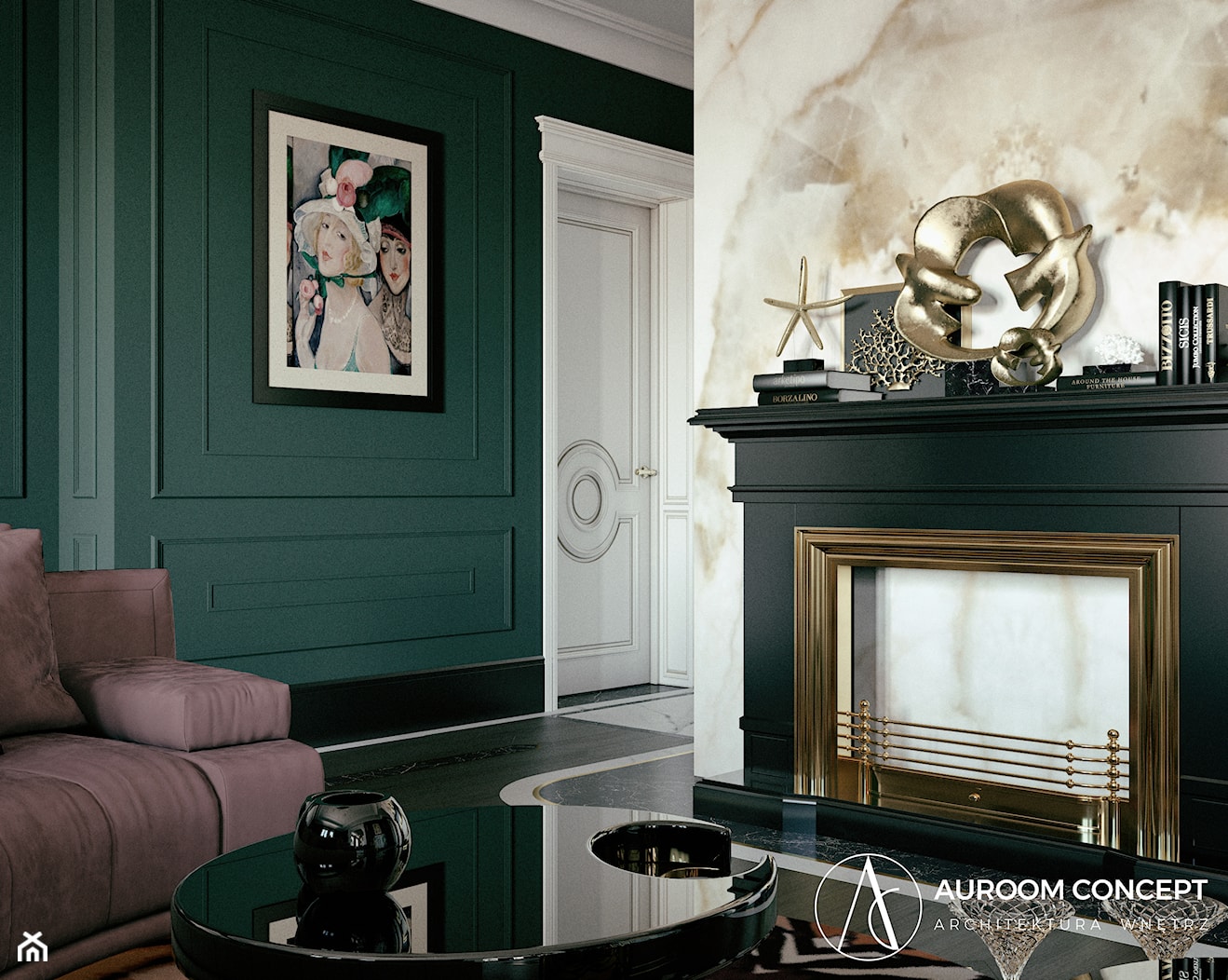 Zielony salon z kominkiem - zdjęcie od Auroom Concept - Homebook