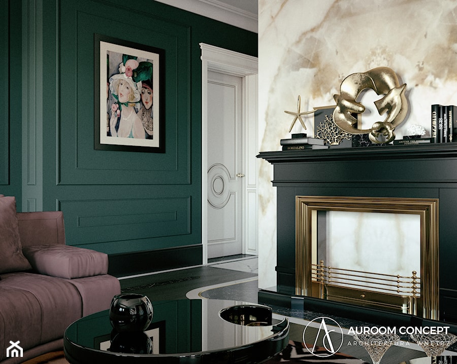 Zielony salon z kominkiem - zdjęcie od Auroom Concept