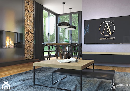 Industrialny salon z kominkiem - zdjęcie od Auroom Concept