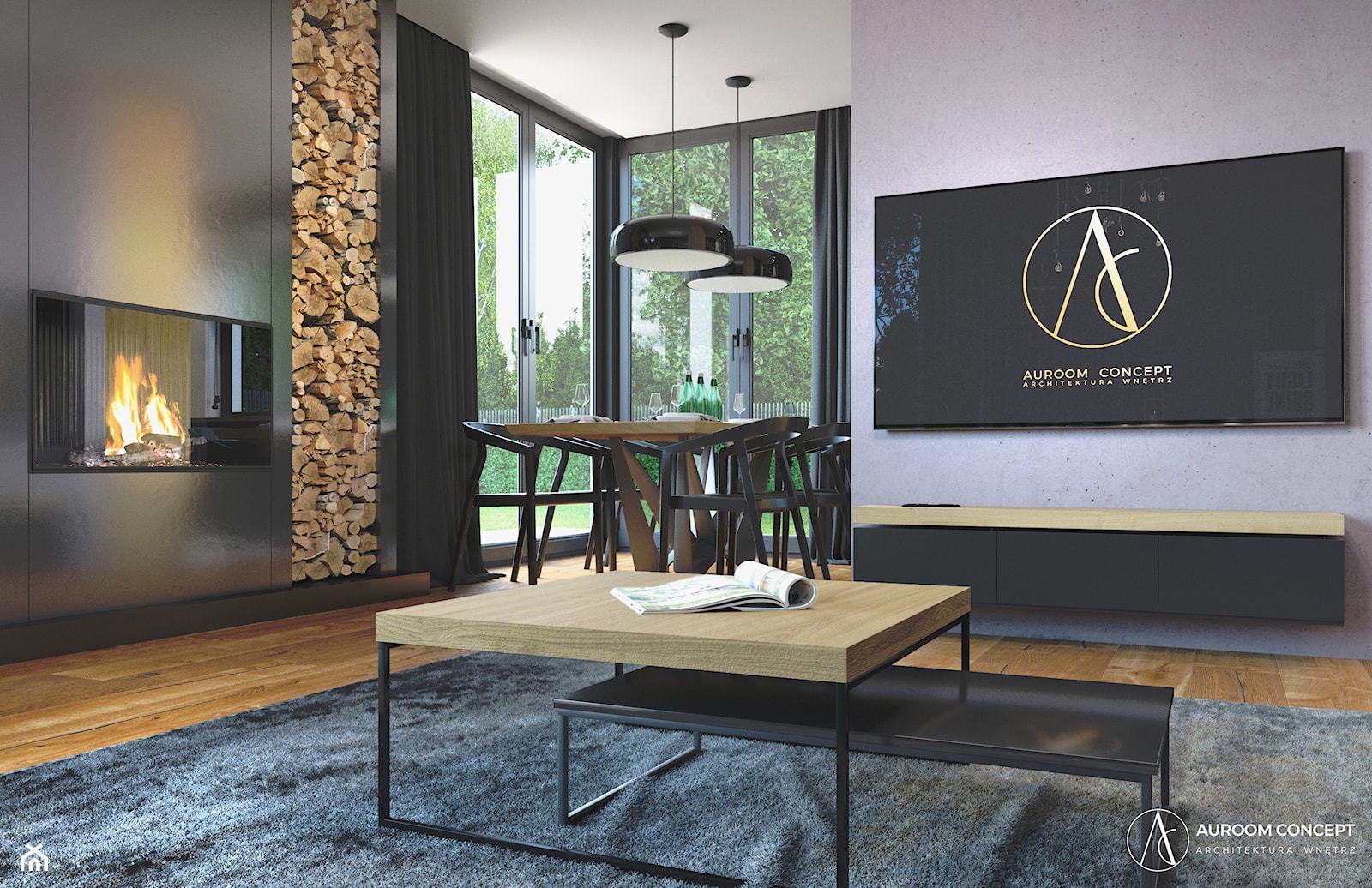 Industrialny salon z kominkiem - zdjęcie od Auroom Concept - Homebook