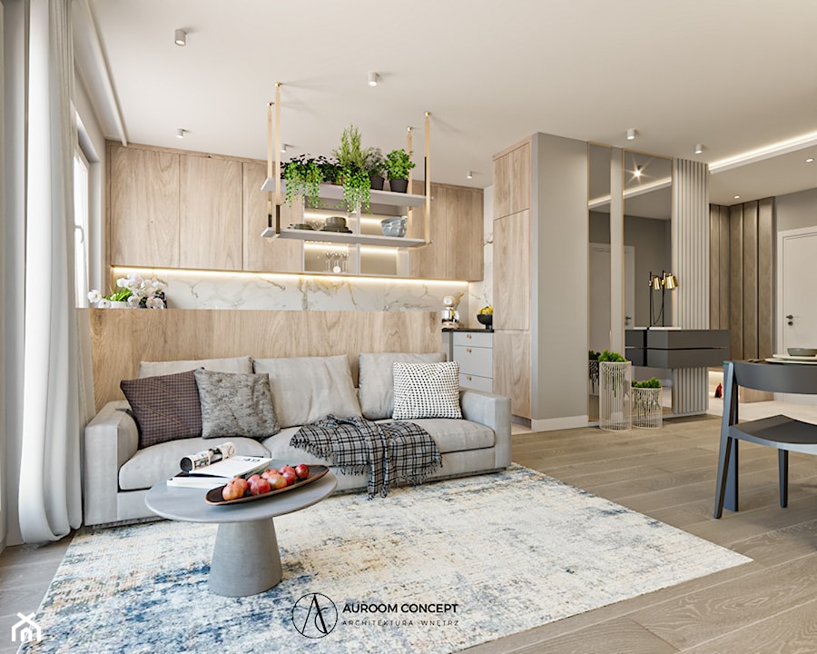 Przytulny salon aneksem kuchennym - zdjęcie od Auroom Concept
