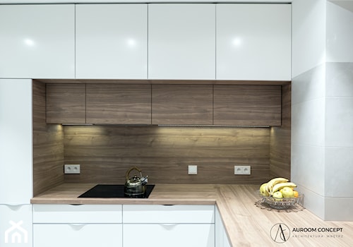 Biała kuchnia z drewnianymi akcentami - Mała kuchnia w kształcie litery l, styl nowoczesny - zdjęcie od Auroom Concept
