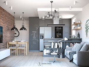 Industrialna szara kuchnia z cegłą - zdjęcie od Auroom Concept