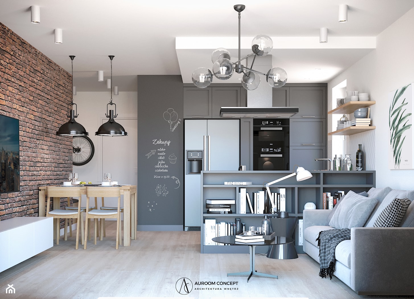 Industrialna szara kuchnia z cegłą - zdjęcie od Auroom Concept - Homebook