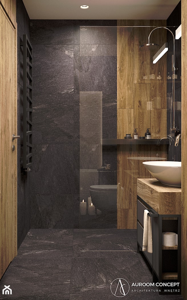 Ciemna łazienka z drewnem - zdjęcie od Auroom Concept - Homebook