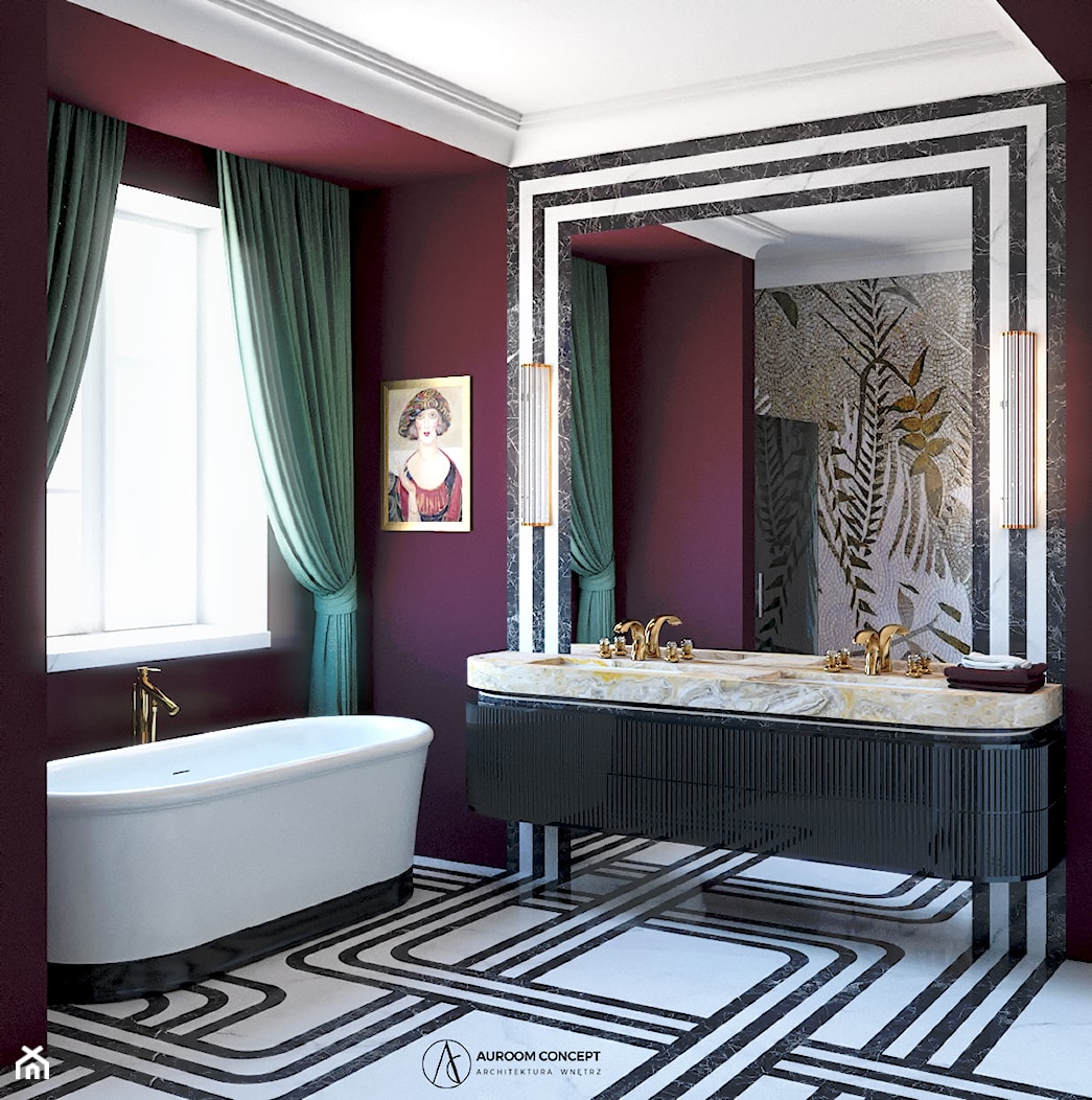 Bordowa łazienka czarno-białe paski - zdjęcie od Auroom Concept - Homebook