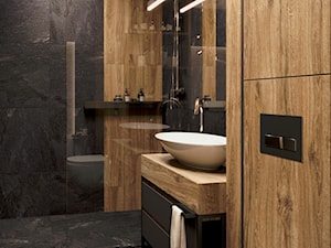 Łazienka w czerni z drewniamym akcentem - zdjęcie od Auroom Concept