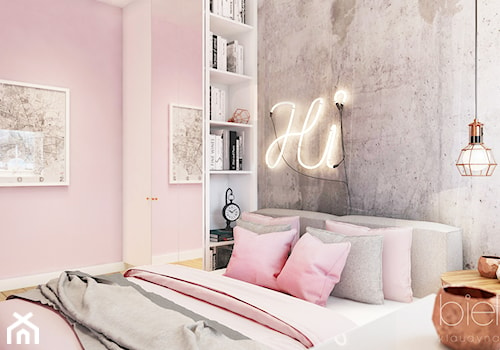 MIESZKANIE ŁÓDŹ - Średnia różowa szara sypialnia, styl industrialny - zdjęcie od Biel Klaudyna