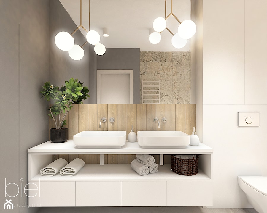 Łódź bliźniak - Średnia bez okna z dwoma umywalkami z punktowym oświetleniem łazienka, styl nowoczesny - zdjęcie od Biel Klaudyna