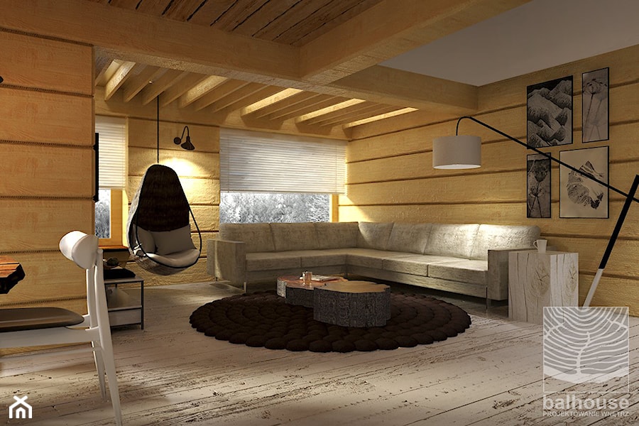 salon w otwartej przestrzeni dziennej w domu jednorodzinnym z bali - zdjęcie od balhouse - projektowanie wnętrz