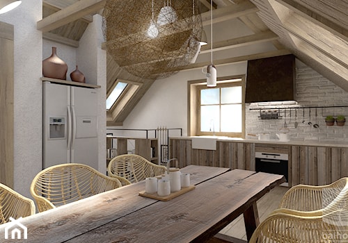 kuchnia z jadalnią w otwartej przestrzeni dziennej na poddaszu - zdjęcie od balhouse - projektowanie wnętrz
