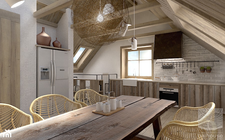 kuchnia z jadalnią w otwartej przestrzeni dziennej na poddaszu - zdjęcie od balhouse - projektowanie wnętrz