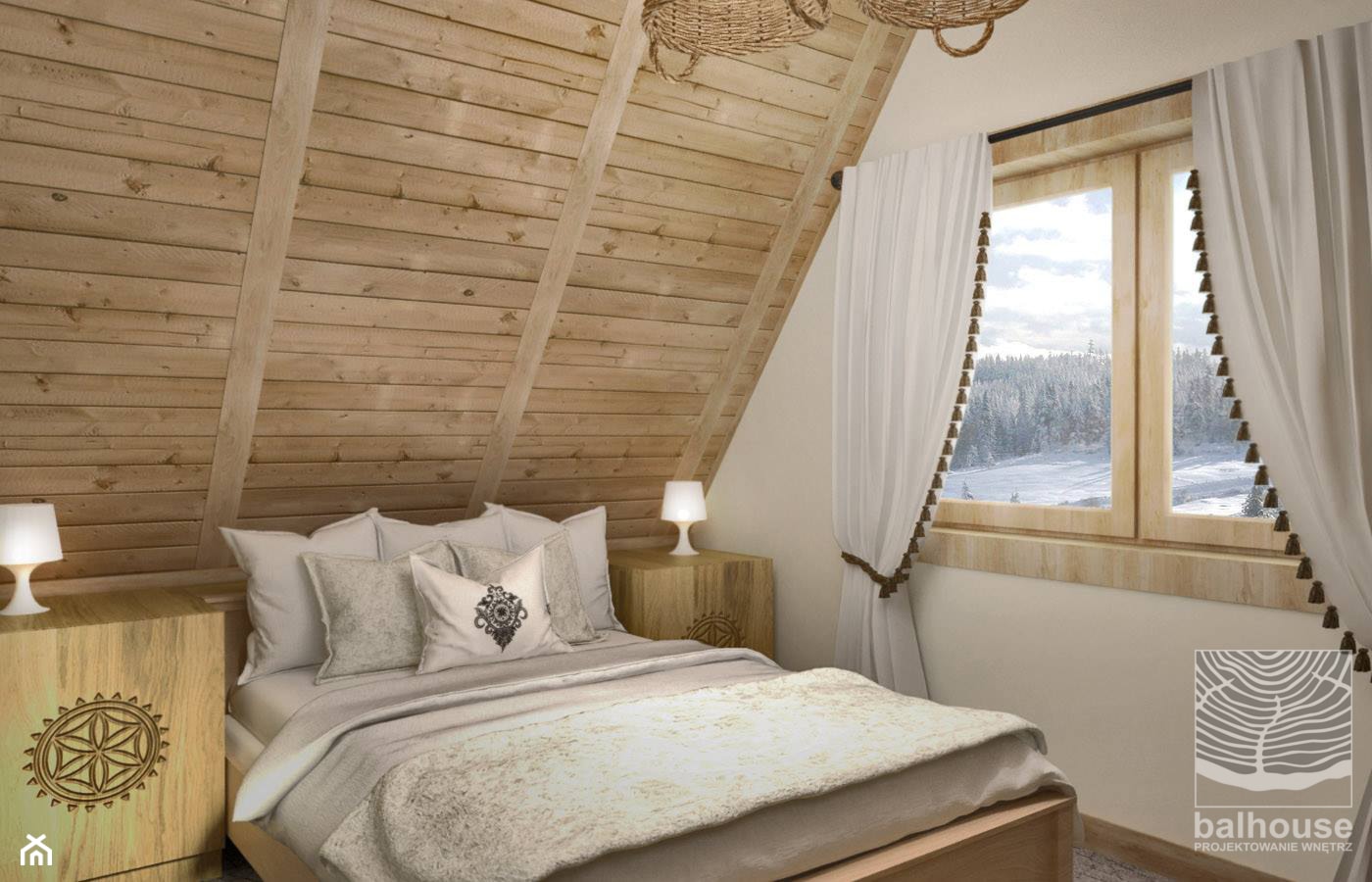 sypialnia 2-osobowa dla gości z aneksem kuchennym w górskim pensjonacie - zdjęcie od balhouse - projektowanie wnętrz - Homebook