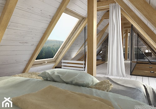 sypialnie zaaranżowane na antresoli poddasza w drewnianym domku weekendowym - zdjęcie od balhouse - projektowanie wnętrz