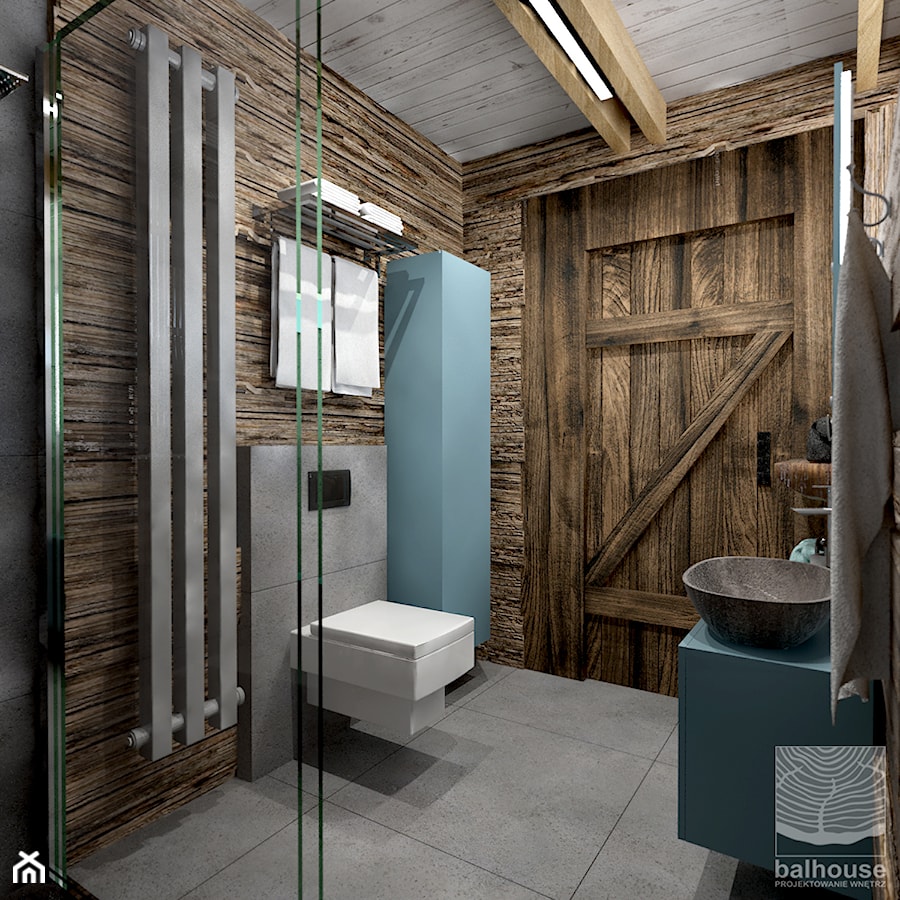 łazienka na poddaszu drewnianego domku weekendowego - zdjęcie od balhouse - projektowanie wnętrz