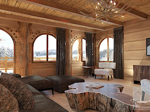 salon z kominkiem w domu z bali - zdjęcie od balhouse - projektowanie wnętrz