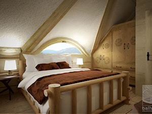 Dom z bali w Jordanowie - Mała beżowa sypialnia na poddaszu, styl tradycyjny - zdjęcie od balhouse - projektowanie wnętrz