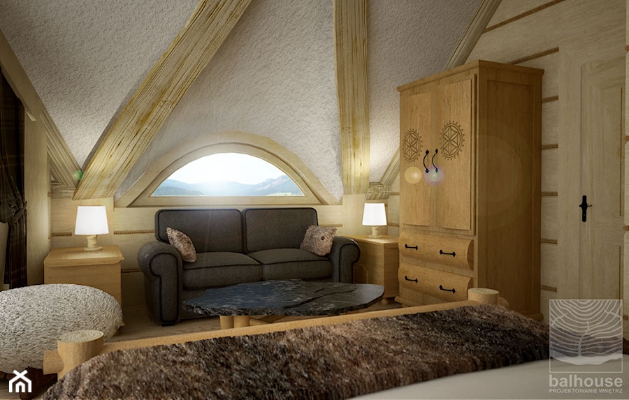 Dom z bali w Jordanowie - Średnia szara sypialnia na poddaszu, styl tradycyjny - zdjęcie od balhouse - projektowanie wnętrz