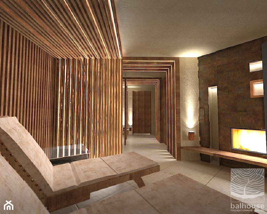 Pomieszczeniespa z kominkiem w stylu zen w piwniczce - zdjęcie od balhouse - projektowanie wnętrz