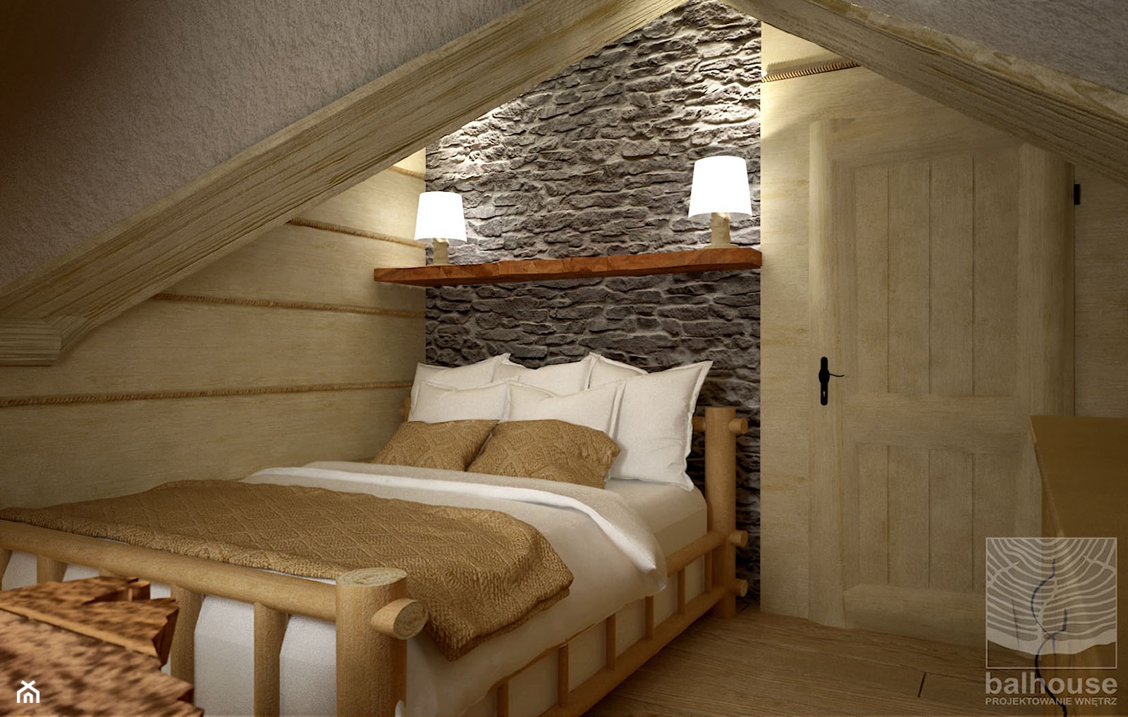 Dom z bali w Jordanowie - Średnia beżowa szara sypialnia na poddaszu, styl tradycyjny - zdjęcie od balhouse - projektowanie wnętrz - Homebook