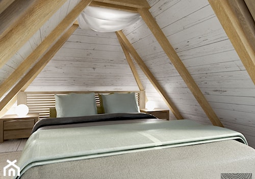 sypialnie zaaranżowane na antresoli poddasza w drewnianym domku weekendowym - zdjęcie od balhouse - projektowanie wnętrz