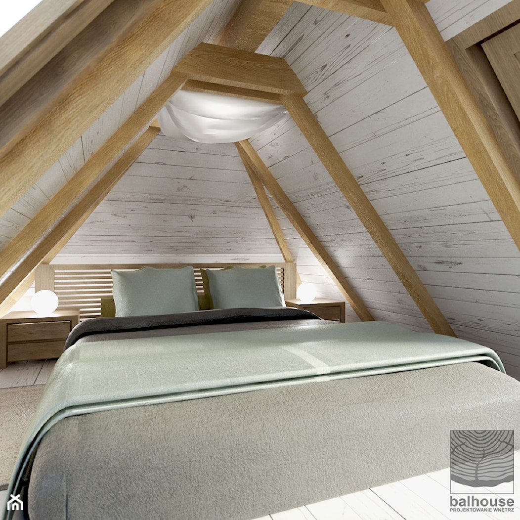 sypialnie zaaranżowane na antresoli poddasza w drewnianym domku weekendowym - zdjęcie od balhouse - projektowanie wnętrz - Homebook