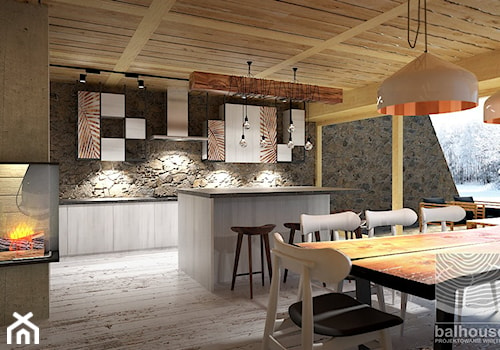 kuchnia z jadalnia w otwartej przestrzeni dziennej w jednorodzinnym domu z bali - zdjęcie od balhouse - projektowanie wnętrz