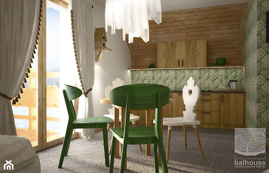 pokój 4-osobowy dla gości z anekse kuchennym w górskim pensjonacie - zdjęcie od balhouse - projektowanie wnętrz