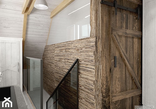 przedpokój z anekcem kuchennym i klatką schodową na poddaszu drewnianego domku weekendowego - zdjęcie od balhouse - projektowanie wnętrz