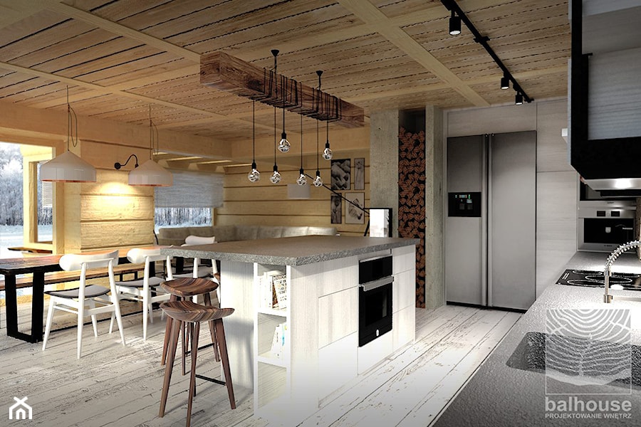 kuchnia w otwartej przestrzeni dziennej w jednorodzinnym domu z bali - zdjęcie od balhouse - projektowanie wnętrz