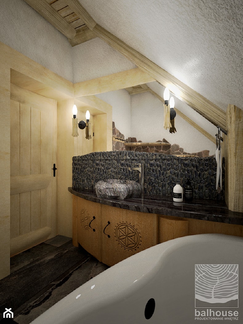 Dom z bali w Jordanowie - Mała na poddaszu bez okna z lustrem łazienka, styl tradycyjny - zdjęcie od balhouse - projektowanie wnętrz - Homebook