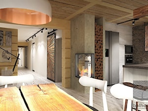 jadalnia w otwartej przestrzeni dziennej w domu z bali - zdjęcie od balhouse - projektowanie wnętrz