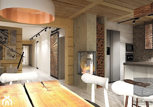 jadalnia w otwartej przestrzeni dziennej w domu z bali - zdjęcie od balhouse - projektowanie wnętrz