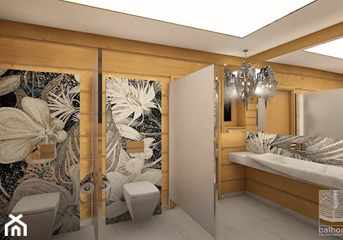 Dom z bali jako dworek pod Częstochową - Średnia na poddaszu bez okna z lustrem z marmurową podłogą łazienka, styl rustykalny - zdjęcie od balhouse - projektowanie wnętrz