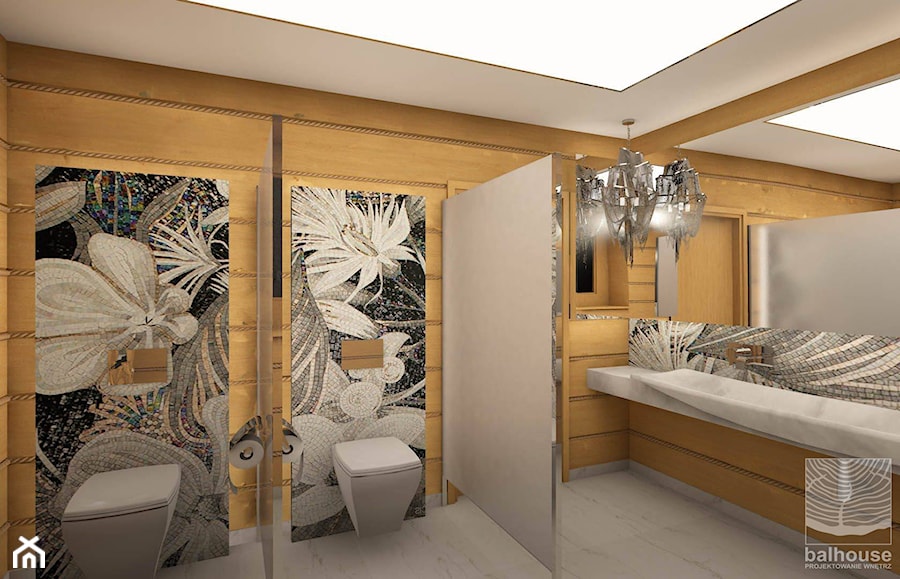 Dom z bali jako dworek pod Częstochową - Średnia na poddaszu bez okna z lustrem z marmurową podłogą łazienka, styl rustykalny - zdjęcie od balhouse - projektowanie wnętrz