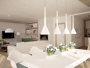 Duży biały salon z kuchnią z jadalnią, styl skandynawski - zdjęcie od Belleza Pracownia Projektowa - Architekt / Projektant Wnętrz