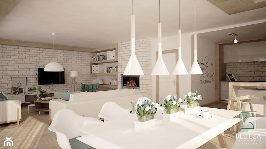 Duży biały salon z kuchnią z jadalnią, styl skandynawski - zdjęcie od Belleza Pracownia Projektowa - Architekt / Projektant Wnętrz