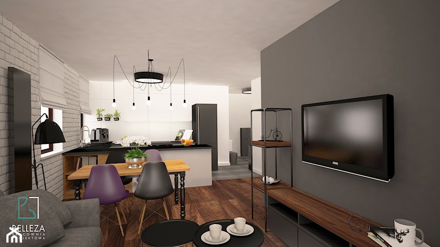 Mały biały szary salon z kuchnią z jadalnią - zdjęcie od Belleza Pracownia Projektowa - Architekt / Projektant Wnętrz