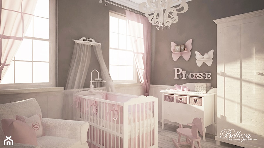 Średni biały czarny pokój dziecka dla niemowlaka dla dziewczynki, styl skandynawski - zdjęcie od Belleza Pracownia Projektowa - Architekt / Projektant Wnętrz