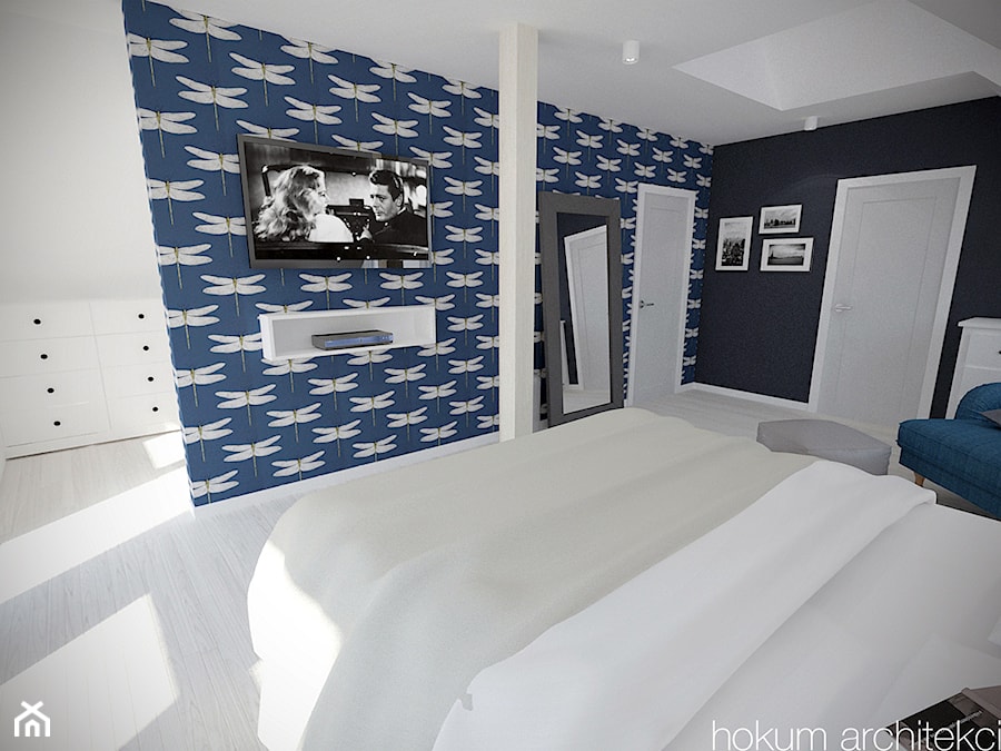 Dom w Łodzi, 200m2 - Średnia biała czarna niebieska sypialnia, styl skandynawski - zdjęcie od Hokum Architekci