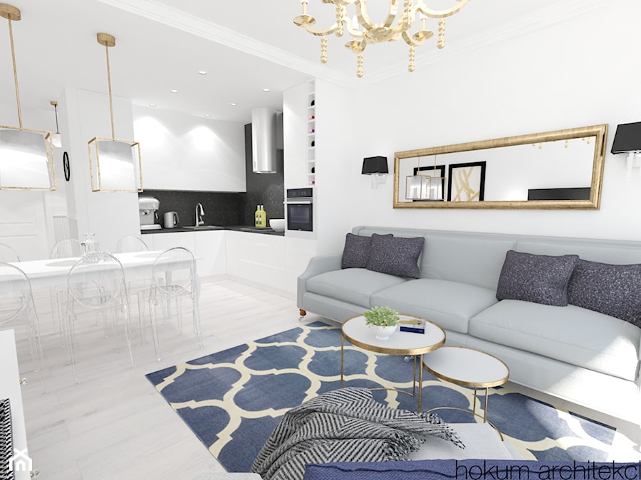Mieszkanie na Żoliborzu 71m2 - Średni biały salon z kuchnią z jadalnią, styl glamour - zdjęcie od Hokum Architekci
