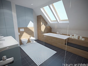 Dom w Łodzi, 200m2 - Duża na poddaszu z dwoma umywalkami z punktowym oświetleniem łazienka z oknem, styl skandynawski - zdjęcie od Hokum Architekci