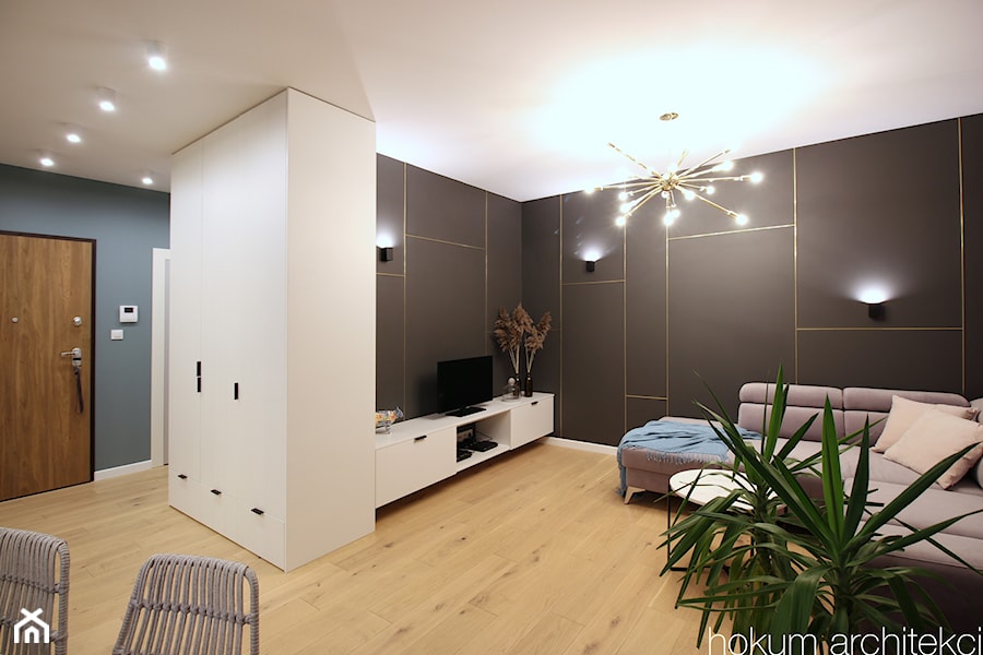 Apartament ze złotymi akcentami, 48m2 - Salon, styl nowoczesny - zdjęcie od Hokum Architekci