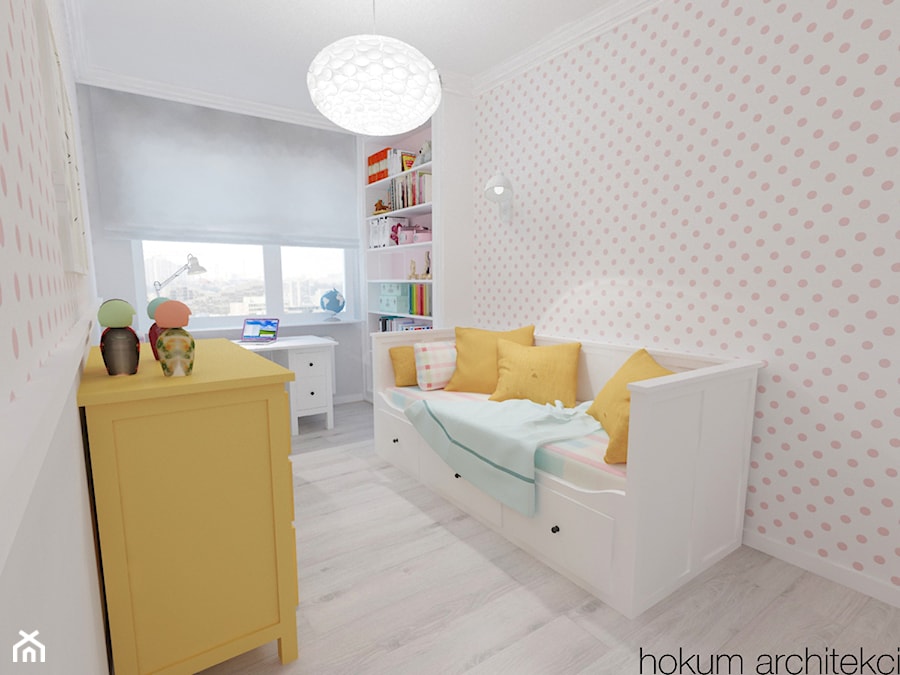 Mieszkanie na Żoliborzu 71m2 - Średni biały różowy pokój dziecka dla dziecka dla nastolatka dla chłopca dla dziewczynki, styl skandynawski - zdjęcie od Hokum Architekci