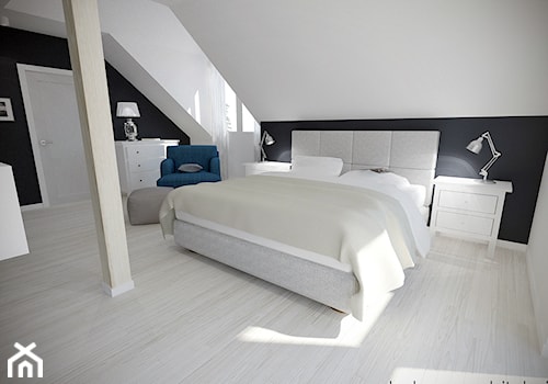 Dom w Łodzi, 200m2 - Duża biała czarna sypialnia na poddaszu, styl skandynawski - zdjęcie od Hokum Architekci